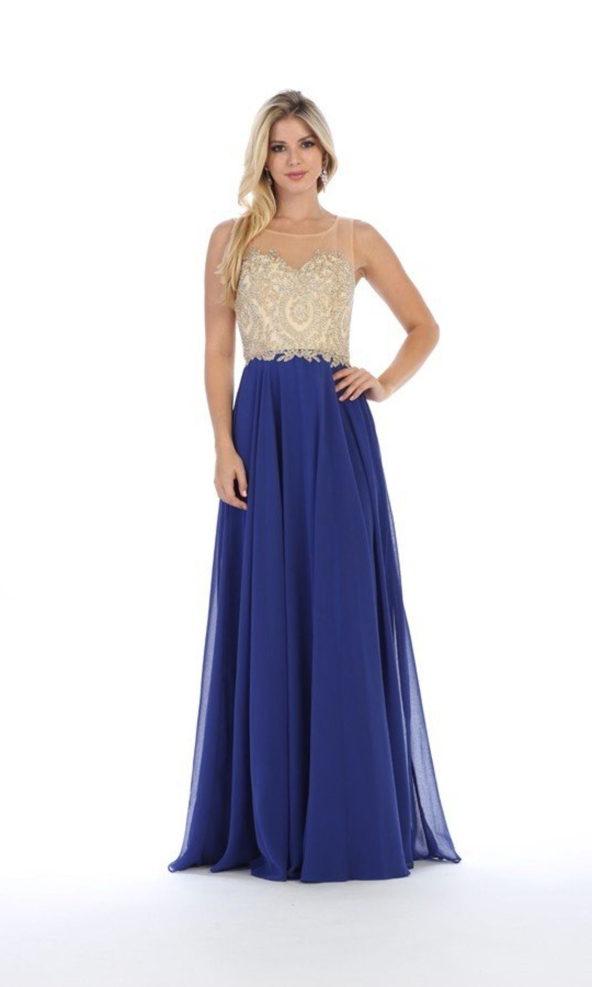 A woman models the Chicas C3320 Embroidered-Bodice Long Prom Dress, showcasing gold embroidery on the bodice and a flowing royal blue skirt, set against a plain white background.